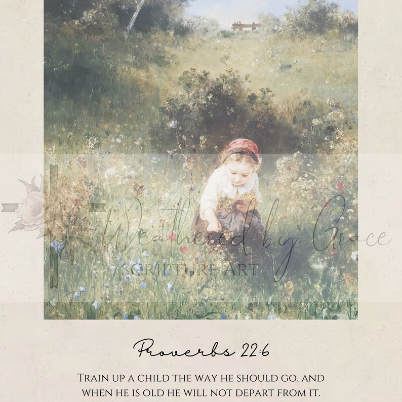 K&ouml;nnte beinhalten: Eine Vintage-Illustration eines jungen M&auml;dchens in roter M&uuml;tze und Kleid, das auf einem Feld mit Wildblumen spielt. Der Text "Spr&uuml;che 22:6" und "Erziehe den Knaben in der Richtung, die er gehen soll, so wird er auch im Alter nicht davon abweichen." ist unter dem Bild gedruckt.