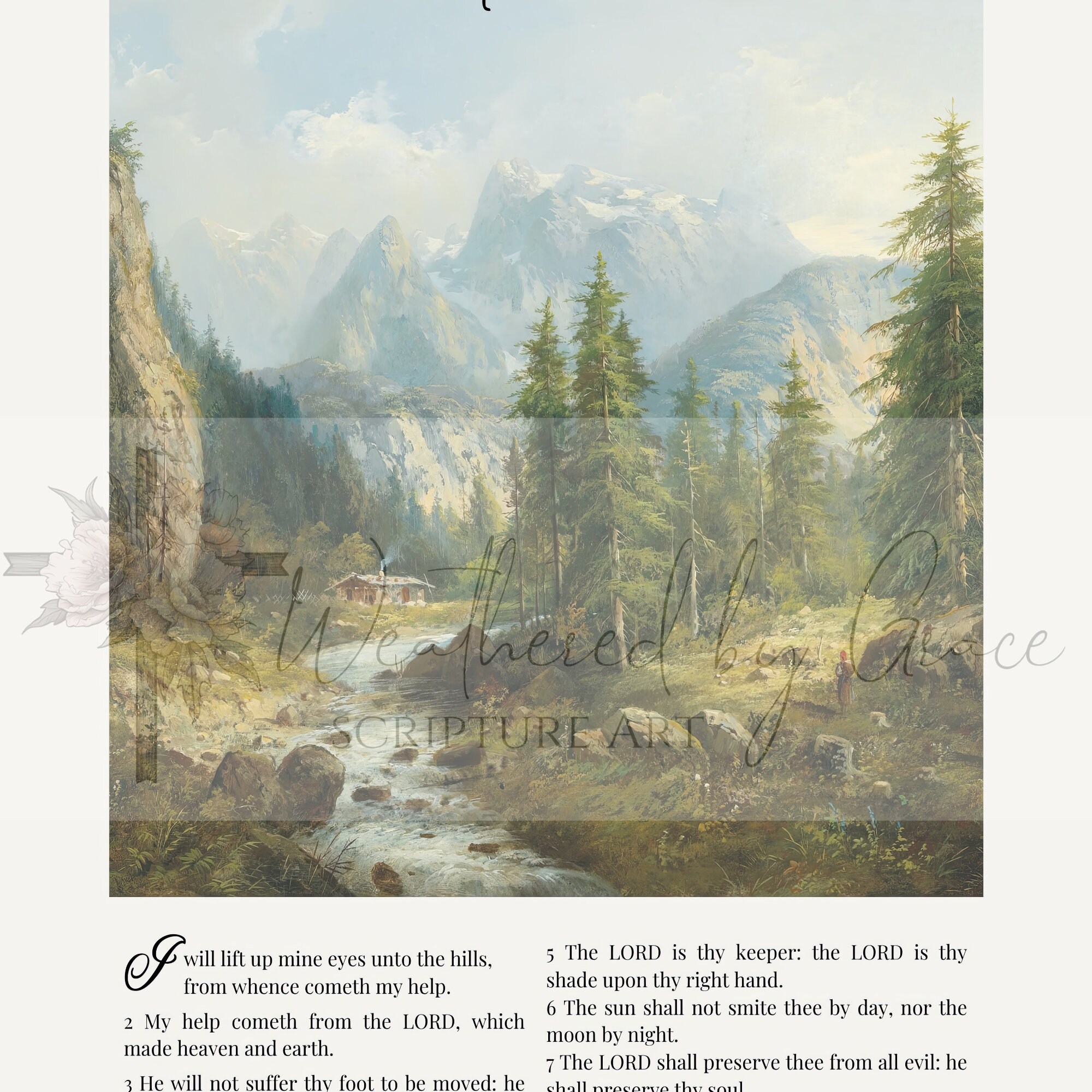 Cottage Scripture Image KJV | Scripture Wall Art | Psalm 121 | Vintage Cottage Art | Mountain ...