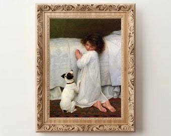 Vintage Wall Art | Bedtime Prayer | Nursery Decor | Now I Lay Me | Down To Sleep | Girl And Dog Print | Digital Download