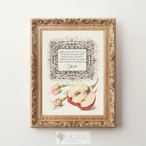 May include: A framed print featuring a vintage illustration of a red apple and pink roses. The print includes a bible verse from John 15:4, "Abide in me, and I in you. As the branch cannot bear fruit of itself, except it abide in the vine: no more can ye, except ye abide in me." The print is titled "Weathered by Grace Scripture Art".