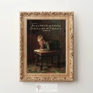Scripture Wall Art | Proverbs 22 6 | Train Up A Child | Bible Verse Art | Vintage Boyhood Art | Christian Printable | Boy Reading