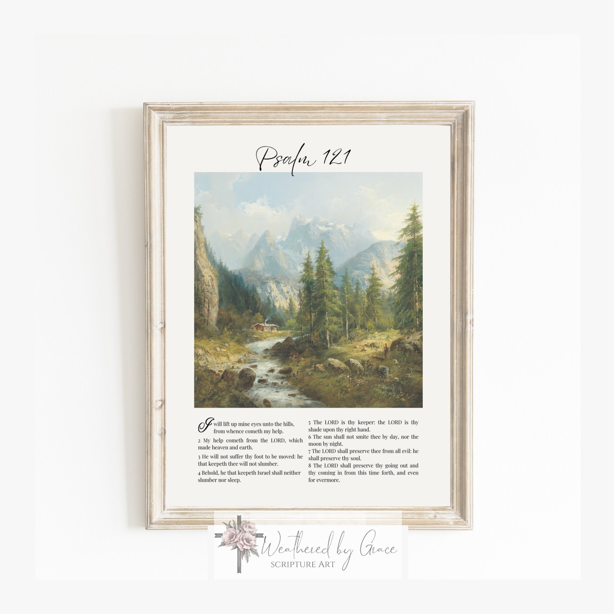 Cottage Scripture Image KJV | Scripture Wall Art | Psalm 121 | Vintage Cottage Art | Mountain ...