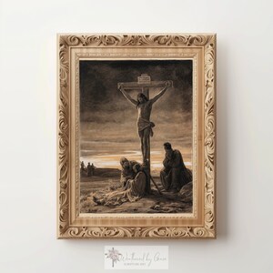 Könnte beinhalten: Ein gerahmter Sepia-Druck, der eine Szene aus der Kreuzigung Jesu Christi darstellt. Das Bild zeigt Jesus am Kreuz, mit zwei Figuren, die am Fuß des Kreuzes knien. Der Himmel ist dunkel und stürmisch, und die Szene spielt vor dem Hintergrund von Hügeln.