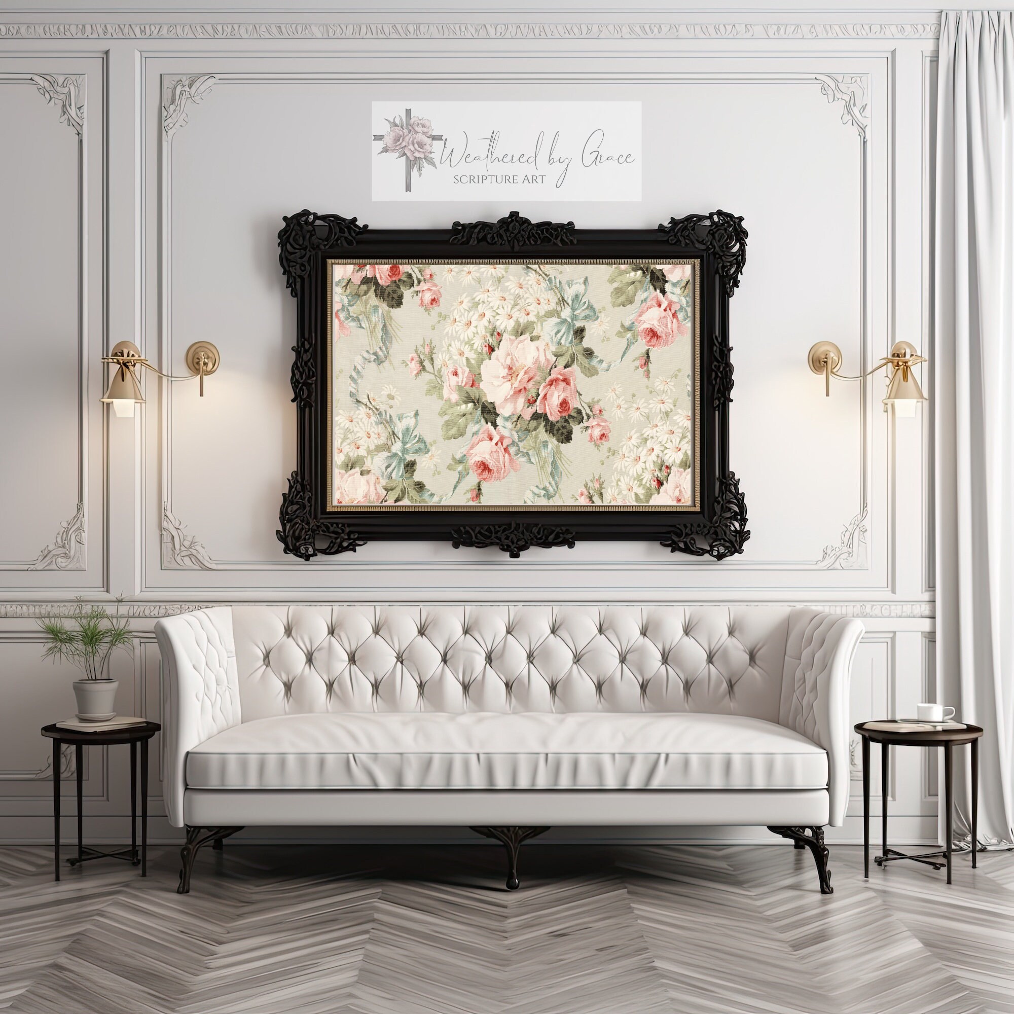 Vintage Wall Art | Pink Floral Tapestry | 1800s Antique Print | Cottage ...
