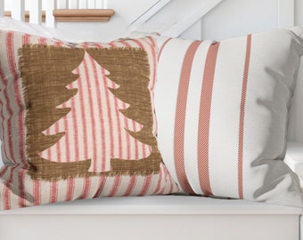 Farmhouse Christmas Tree Pillow Cover: Red Ticking Stripe Holiday Decor