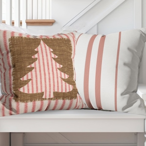 Farmhouse Christmas Tree Pillow Cover: Red Ticking Stripe Holiday Decor