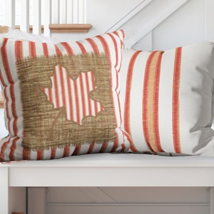 Fall Farmhouse Pillow Cover: Rustic Ticking Stripe, Burlap Leaf