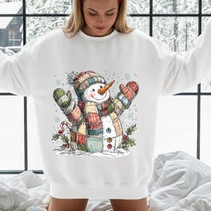 Patchwork Snowman Crewneck – Festive Holiday Pullover, Winter Sweatshirt, Christmas Gift
