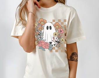 Ghost with Flowers T-Shirt | Floral Checkerboard Halloween Tee