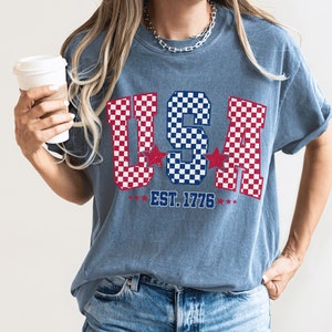 Checkered USA Flag T-Shirt: Comfort Colors 4th of July Tee image 5