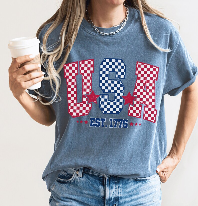 Checkered USA Flag T-Shirt: Comfort Colors 4th of July Tee image 5