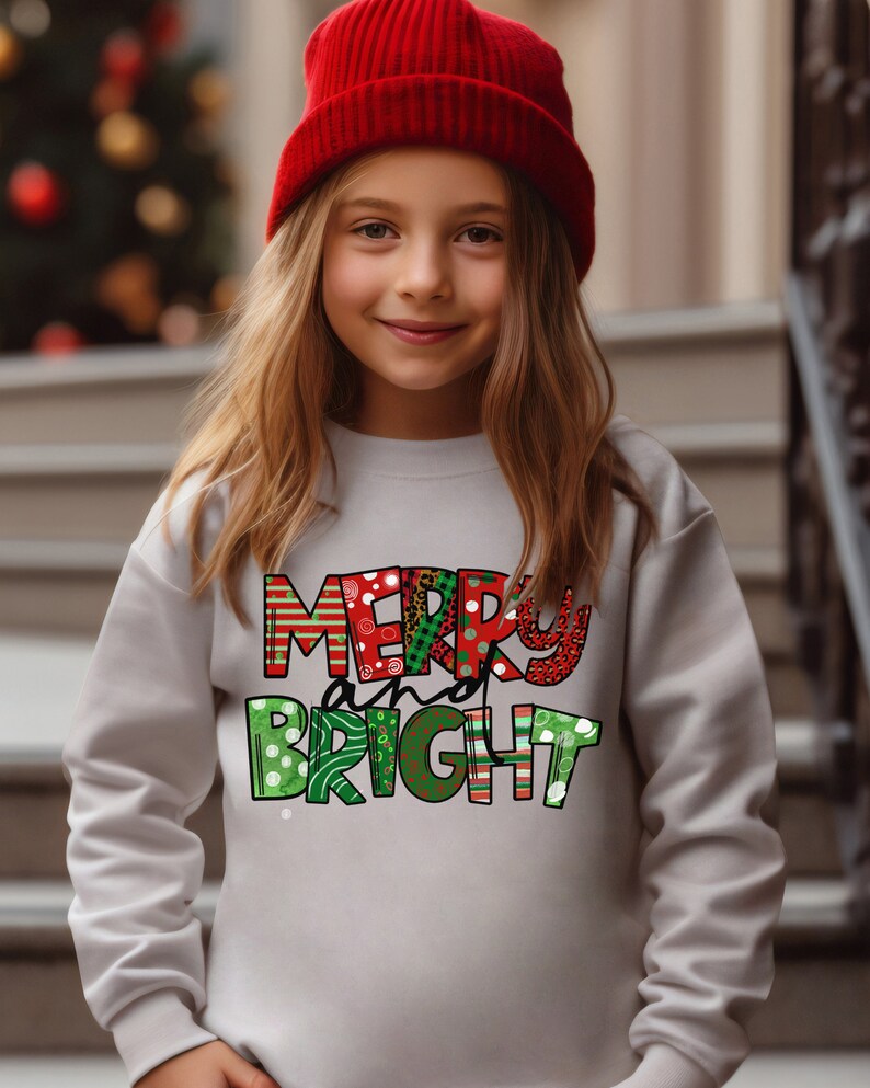 Merry and Bright Christmas Sweatshirt, Youth Sweatshirt, Cute Kids