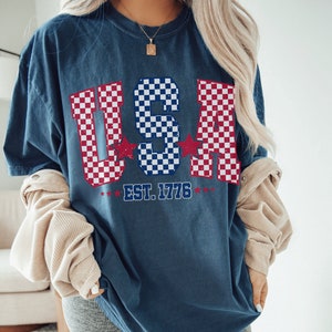 Checkered USA Flag T-Shirt: Comfort Colors 4th of July Tee Midnight