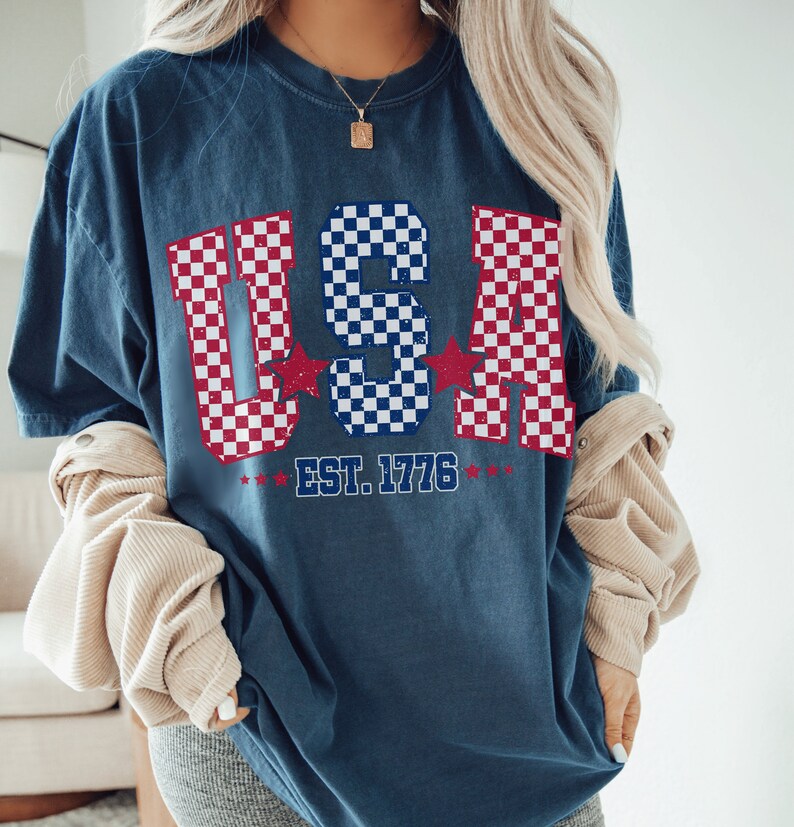 Checkered USA Flag T-Shirt: Comfort Colors 4th of July Tee Midnight