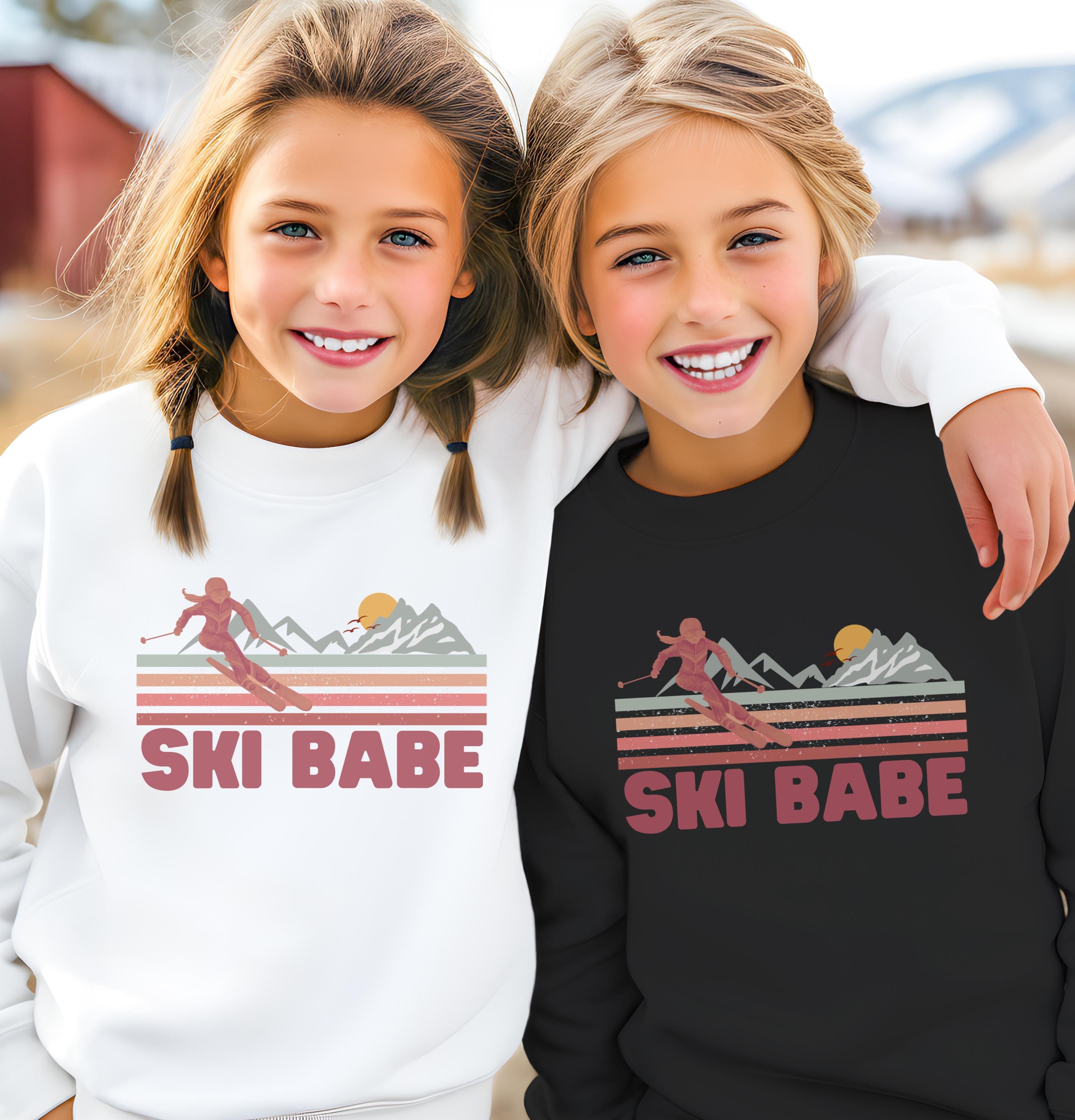 Youth Ski Babe Sweatshirt: Retro Feel Skiing Pullover, Winter Crewneck
