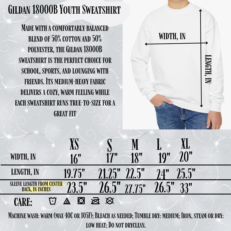 May include: Size chart for Gildan 18000B Youth Sweatshirts. The chart shows measurements in inches for width, length, and sleeve length from center back. Sizes include XS, S, M, L, and XL.