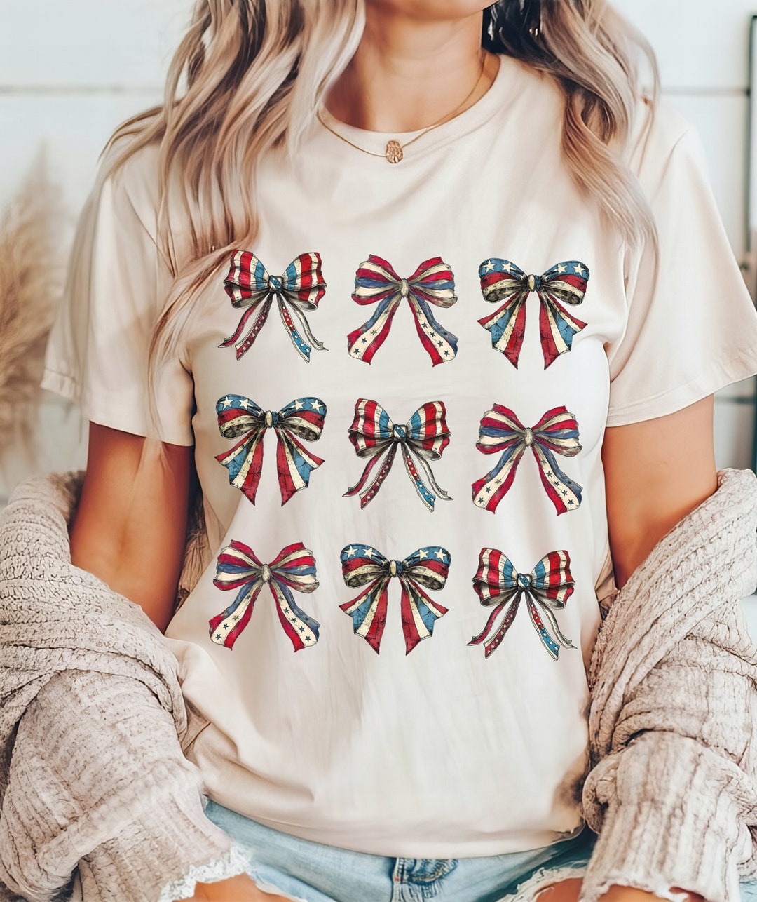 Women's Christmas T-Shirt - Bow & Lights Holiday Tee, Coquette Style, Short Sleeve, Casual Vacation Outfit