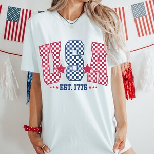 Checkered USA Flag T-Shirt: Comfort Colors 4th of July Tee White