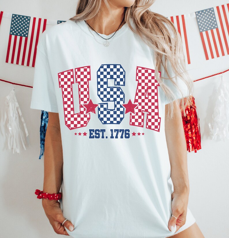 Checkered USA Flag T-Shirt: Comfort Colors 4th of July Tee White