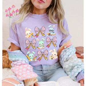 Easter T-Shirt, Comfort Colors T-Shirt, Teacher T-Shirt, Easter Gift, Trendy Easter Tee, Gift for Her, Coquette Reading Bunnies T-Shirt