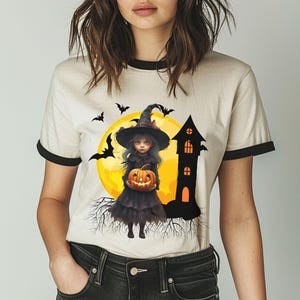 Ringer T-Shirt, Retro Style Ringer Shirt, Trendy Halloween Tee, Creepy Little Girl, Spooky Witch