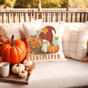 Fall Throw Pillow Cover, Home Decor, Cute Peeping Gnome, Double Sided in Four Sizes, Autumn Leaf Peeper Throw Pillow