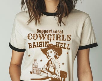 Retro-Style Cowgirl Ringer T-Shirt | Vintage-Style Western Tee, Trendy Ringer Shirt