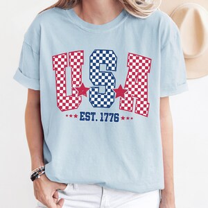 Checkered USA Flag T-Shirt: Comfort Colors 4th of July Tee Chambray
