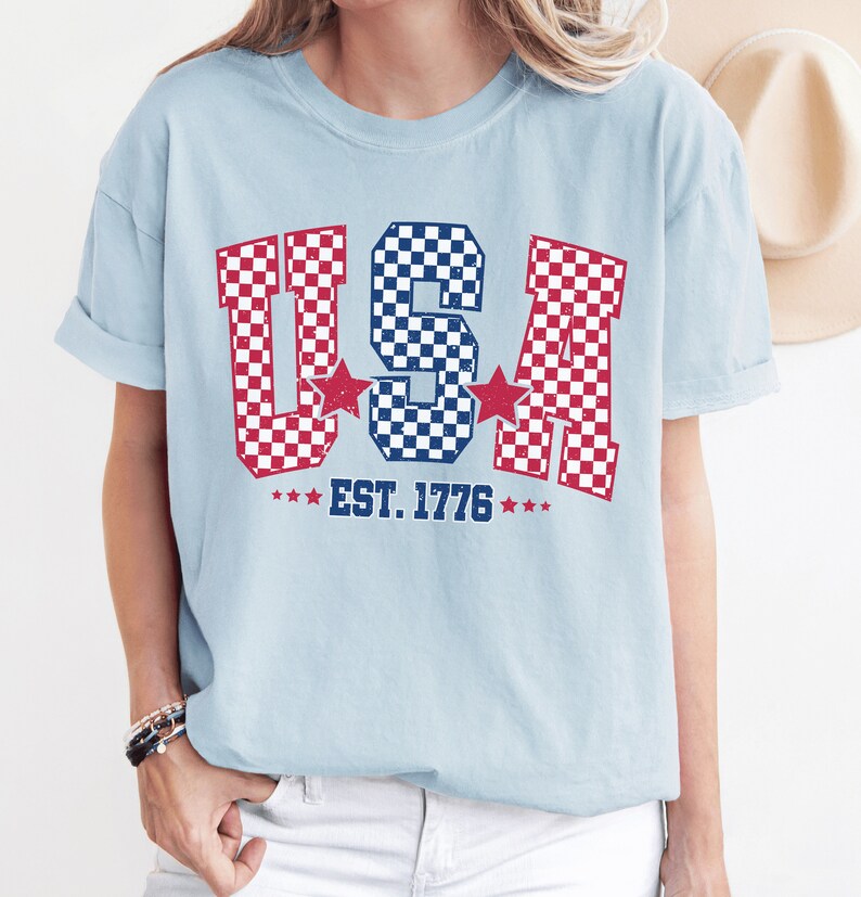 Checkered USA Flag T-Shirt: Comfort Colors 4th of July Tee Chambray