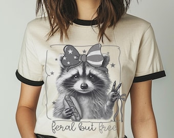 Retro-Style Raccoon Ringer T-Shirt: Feral but Free, July Fourth, 70's Style Tee