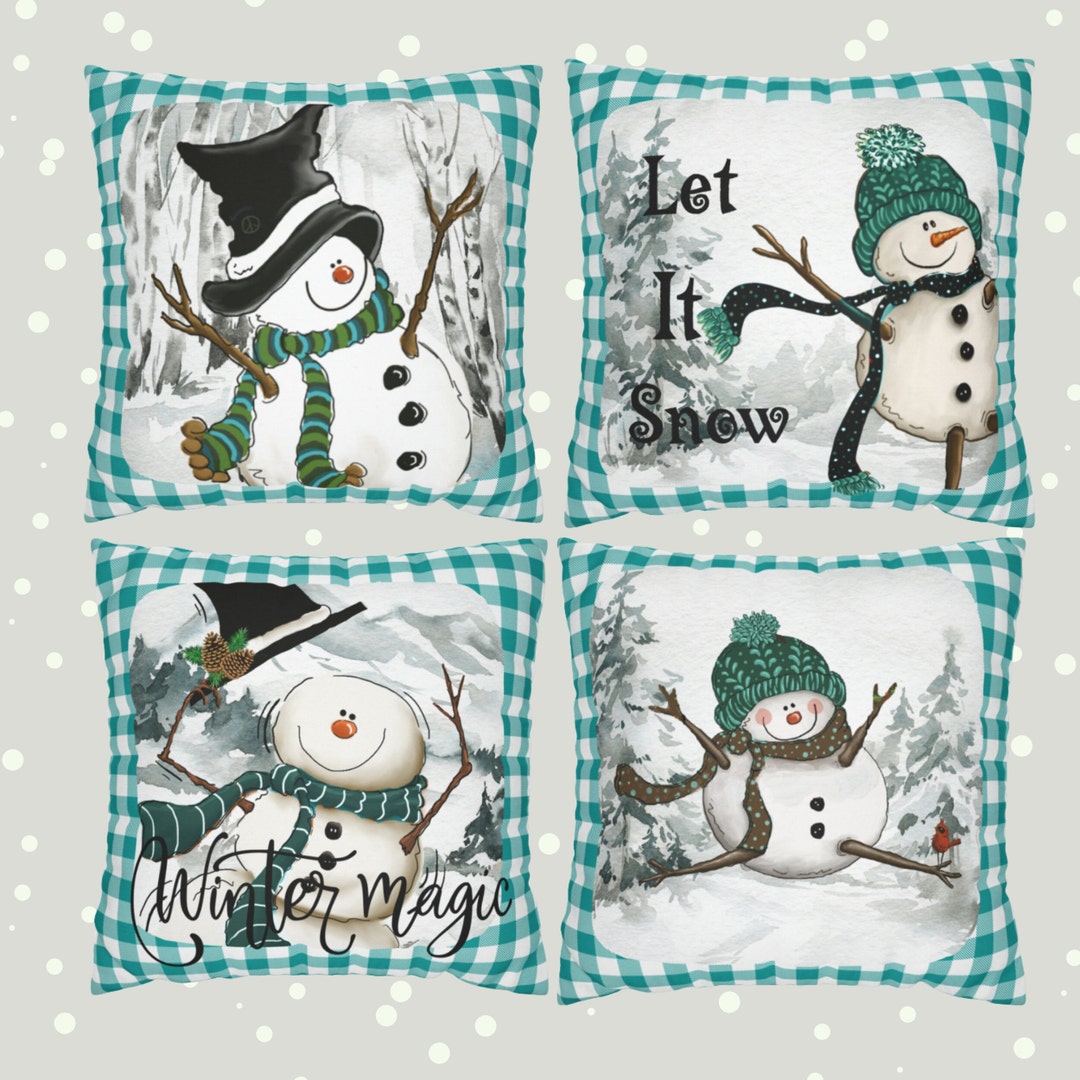 Winter Pillow Cover Square Pillow Cover Turquoise Snowman Etsy