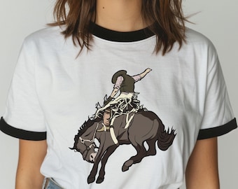 Bucking Bronco Retro-Style Ringer T-Shirt | Vintage Western Tee