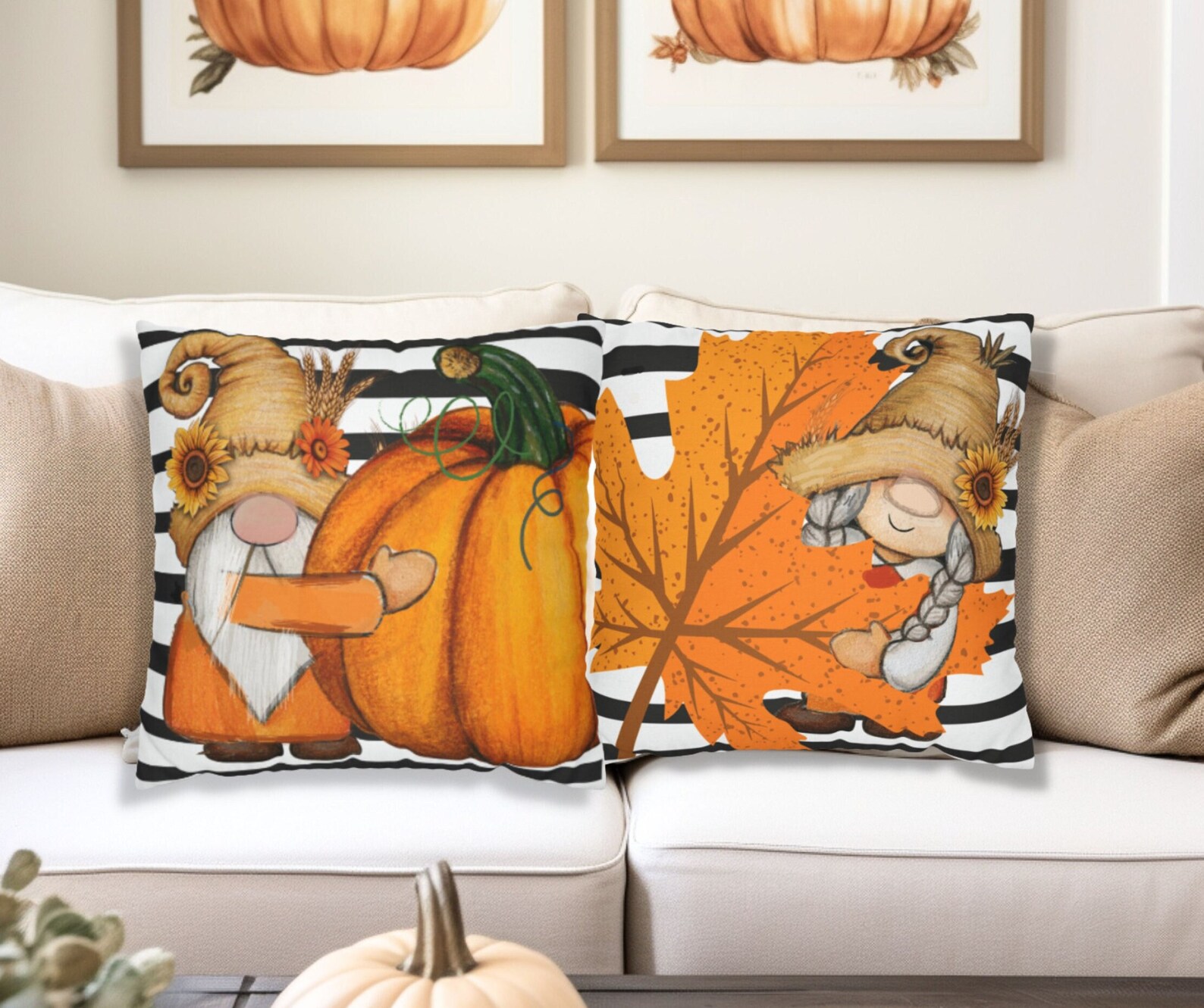 Fall Pillow Cover, Cute Gnomes, Square Throw Pillow Covers, Cute Pillow Cover, Set, Pillow Cover
