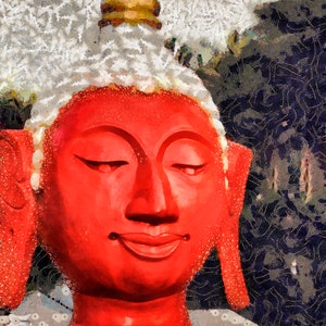 Red Buddha Bust, Digital Painting, Wall Art