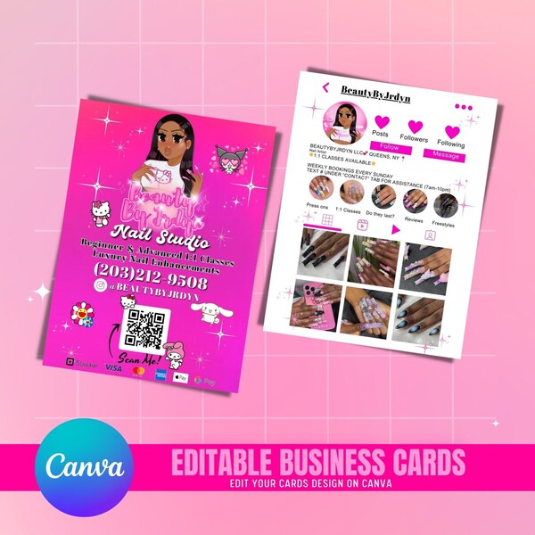 Instagram Business cards, DIY canva business cards, pink kawaii business cards, IG influencer cars, premade business cards