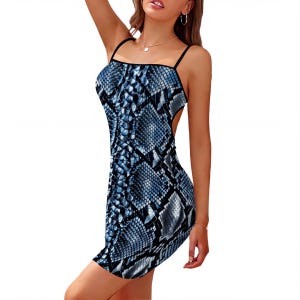 Bold Blue-Steel Python Slip Dress: Adjustable Straps, Open Back
