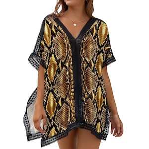 Gold Tiger Python Swim Coverup - Low Cut Front, Side Slits