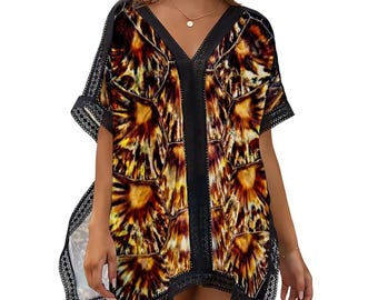 Swimsuit Coverup: Turtle Shell Pattern (Side Slits, Wide Sleeves)