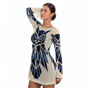 Owl Print Mini Dress - Sheer Mesh Overlay, Bell Sleeve Clubwear | Polyester Spandex Fabric