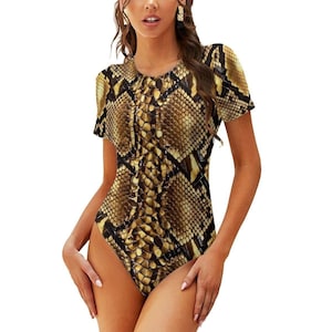 Women's Bodysuit: Gold Python Scale Print - Round Neck, Stretchy