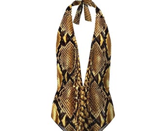 Gold Python One Piece Swimsuit, Deep V Neck (Removable Chest Pad)