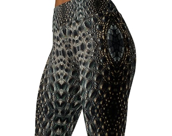 Nile Crocodile Skin Oil Painting Print by Khaos - Custom Artwork on Stretchy High-Rise Yoga Leggings and Capris - Hand-Sewn and Versatile