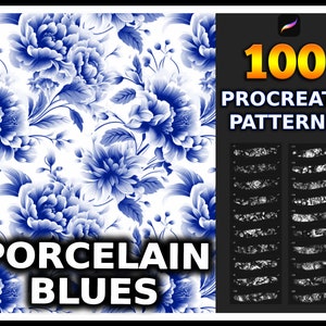 May include: 100 Procreate Patterns: Porcelain Blues. A digital download of 100 seamless patterns featuring a blue and white floral design inspired by traditional Chinese porcelain.