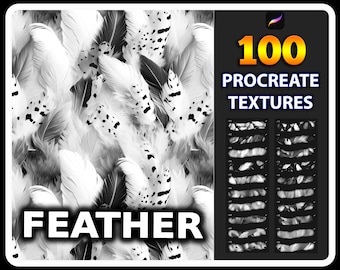 May include: Black and white image featuring a close-up of feathers with speckled patterns. The word "FEATHER" is displayed in large white letters. A panel on the right shows "100 PROCREATE TEXTURES" with examples of feather textures.