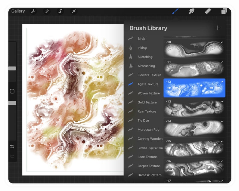 K&ouml;nnte beinhalten: Die Benutzeroberfl&auml;che eines digitalen Kunstprogramms zeigt ein farbenfrohes abstraktes Design auf einer wei&szlig;en Leinwand. Das Bedienfeld "Brush Library" ist ge&ouml;ffnet und zeigt verschiedene Texturoptionen, darunter "Agate Texture", blau hervorgehoben. Das Kunstwerk hat Rot-, Gelb- und Braunt&ouml;ne.