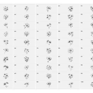 May include: A set of 100 black and white line drawings of various flower arrangements. Each drawing is simple and elegant, featuring delicate petals and stems.