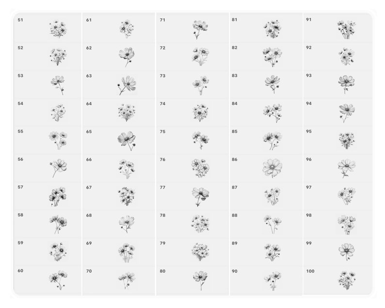 May include: A set of 100 black and white line drawings of various flower arrangements. Each drawing is simple and elegant, featuring delicate petals and stems.