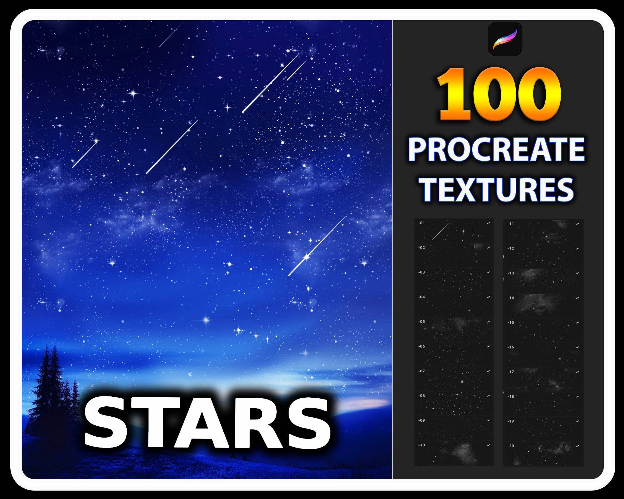 Pinceles de textura de estrellas para Procreate — 100 overlays de galaxia, brillo y cielo nocturno
