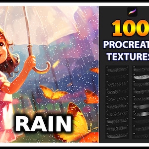 Op de afbeelding: 100 Procreate-texturen: Regen. Een digitale illustratie van een meisje dat een paraplu vasthoudt in de regen met vlinders die om haar heen vliegen. De afbeelding bevat een set van 100 regentexturen voor gebruik in Procreate.
