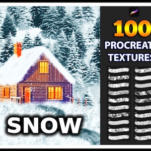 May include: 100 Procreate Snow Textures. A digital illustration of a snowy winter scene with a small wooden house and pine trees. The image includes a collection of 100 snow textures for use in digital art.